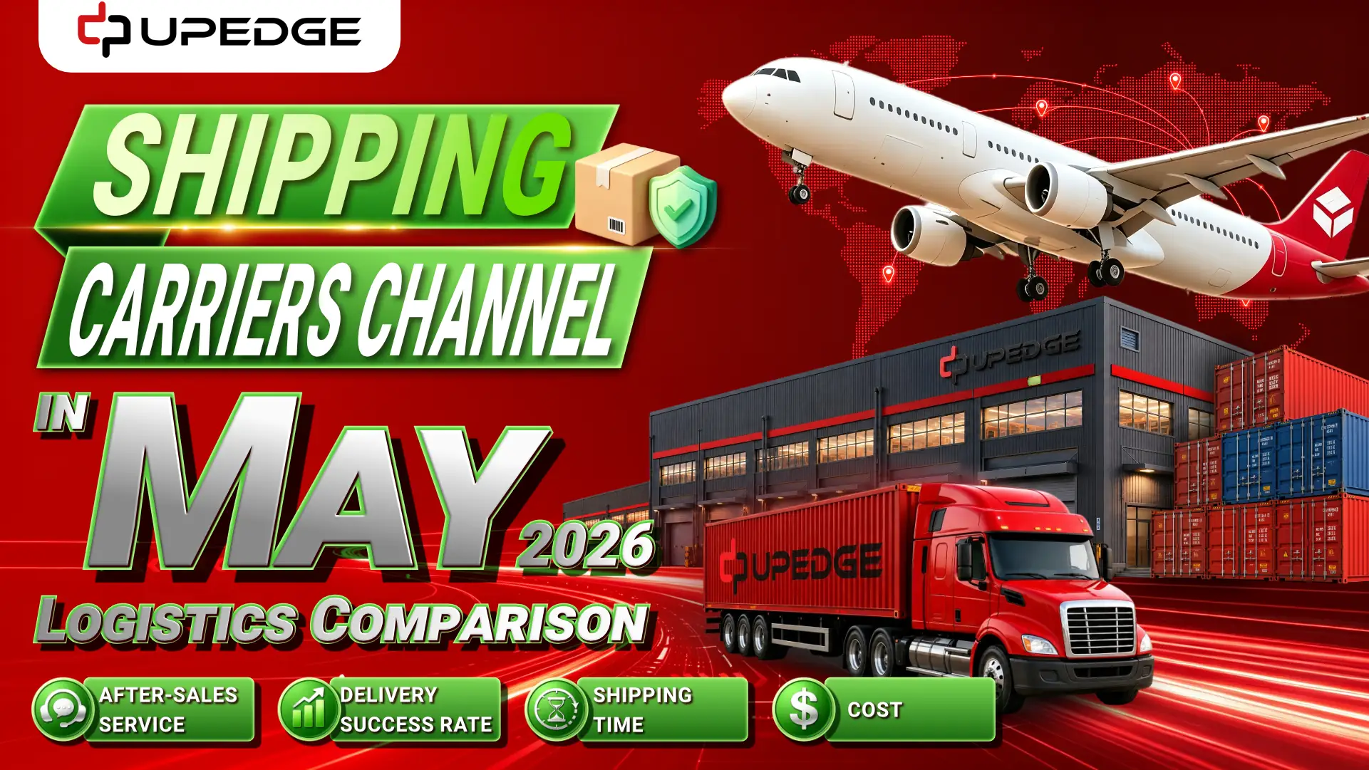 Shipping carriers comparison video cover showing air freight, trucking, delivery speed, cost, success rate, and after-sales service